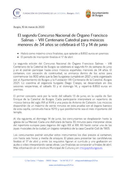 Segundo Concurso Nacional de Órgano Francisco Salinas – VIII Centenario Catedral para músicos menores de 34 años