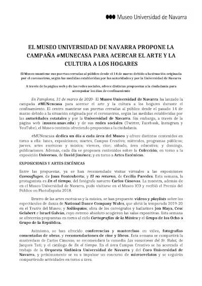 El Museo Universidad de Navarra propone la campaña #MUNENCASA para acercar arte y cultura a los hogares