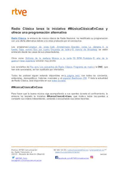 Radio Clásica lanza la iniciativa #MúsicaClásicaEnCasa y ofrece una programación alternativa