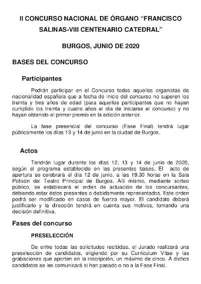 Segundo Concurso Nacional de Órgano Francisco Salinas – VIII Centenario Catedral para músicos menores de 34 años