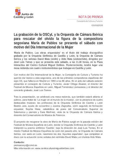 Grabación de la OSCyL y la Orquesta de Cámara Ibérica para rescatar del olvido la compositora María de Pablos