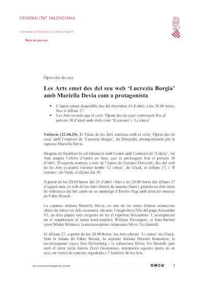 Les Arts emite desde su web ‘Lucrezia Borgia’ con Mariella Devia como protagonista