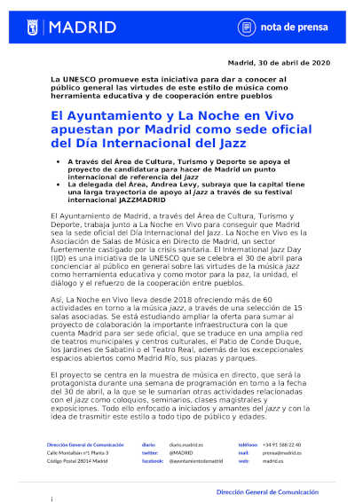 El Ayuntamiento y La Noche en Vivo apuestan por Madrid como sede oficial del Día Internacional del Jazz