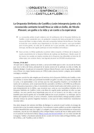 La Orquesta Sinfónica de Castilla y León interpreta junto a la reconocida cantante israelí Noa La vida es bella, de Nicola Piovani