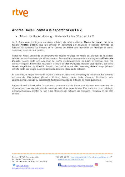 Andrea Bocelli canta a la esperanza en La 2