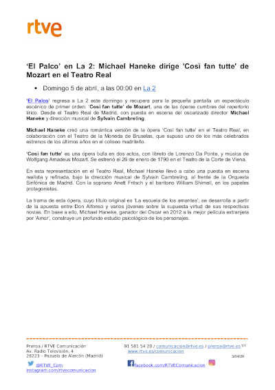 ‘El Palco’ en La 2: Michael Haneke dirige ‘Così fan tutte’ de Mozart en el Teatro Real