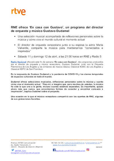 RNE ofrece ‘En casa con Gustavo’, un programa del director de orquesta y músico Gustavo Dudamel