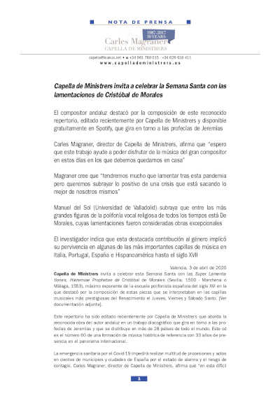 Capella de Ministrers invita a celebrar la Semana Santa con las lamentaciones de Cristóbal de Morales
