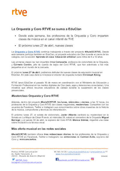 La Orquesta y Coro RTVE se suma a EduClan