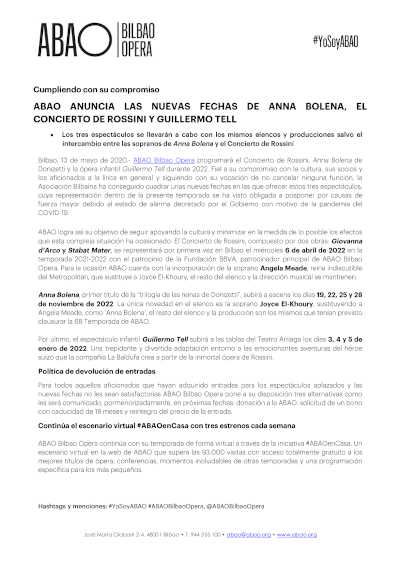 ABAO anuncia las nuevas fechas de Anna Bolena, El concierto de Rossini y Guillermo Tell