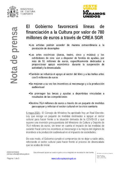 El Gobierno favorecerá líneas de financiación a la Cultura por valor de 76,4 millones de euros