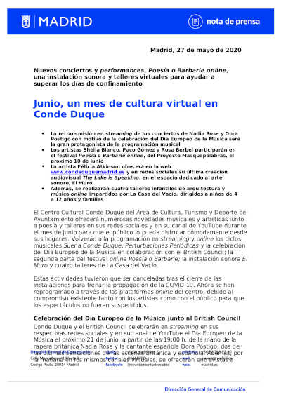 Junio, un mes de cultura virtual en Conde Duque