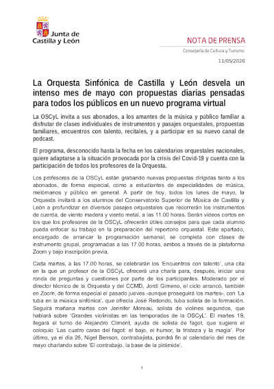 La OSCyL desvela un intenso mes de mayo con propuestas diarias pensadas para todos los públicos