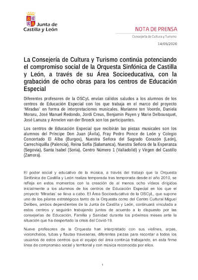 La Consejería de Cultura y Turismo continúa potenciando el compromiso social de la Orquesta Sinfónica de Castilla y León