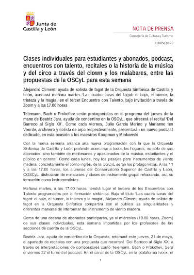 Propuestas de la OSCyL para esta semana en la programación digital de mayo