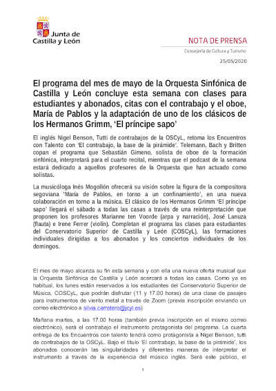 El programa del mes de mayo de la Orquesta Sinfónica de Castilla y León concluye esta semana