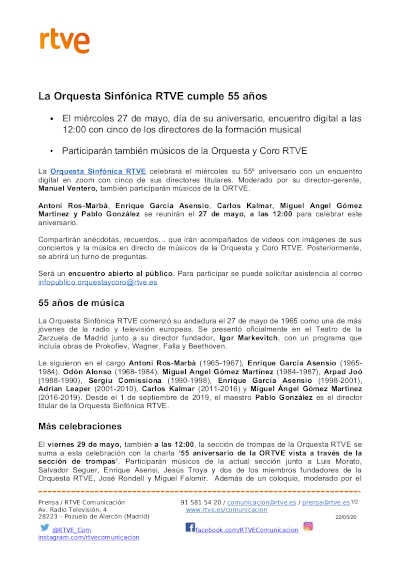 La Orquesta Sinfónica RTVE cumple 55 años y celebra con un concierto digital