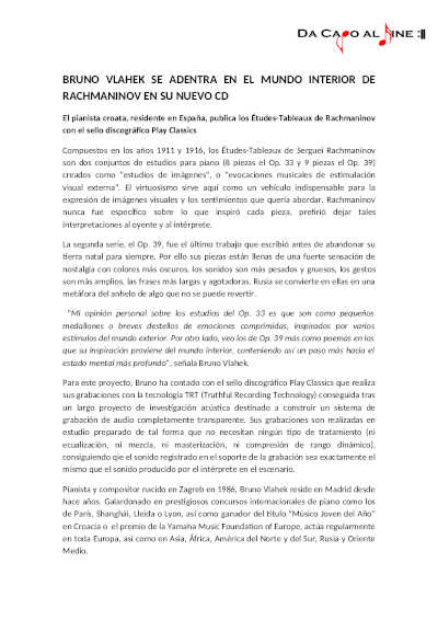 Bruno Vlahek se adentra en el mundo interior de Rachmaninov en su nuevo CD