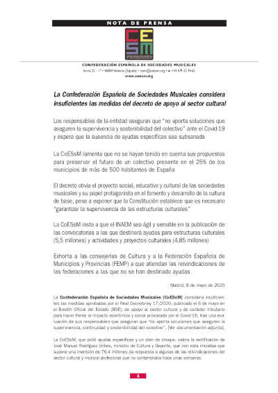 Confederación Española de Sociedades Musicales considera insuficientes las medidas del decreto de apoyo al sector cultural