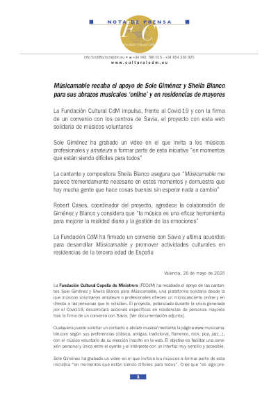 Músicamable recaba el apoyo de Sole Giménez y Sheila Blanco para sus abrazos musicales ‘online’ y en residencias de mayores