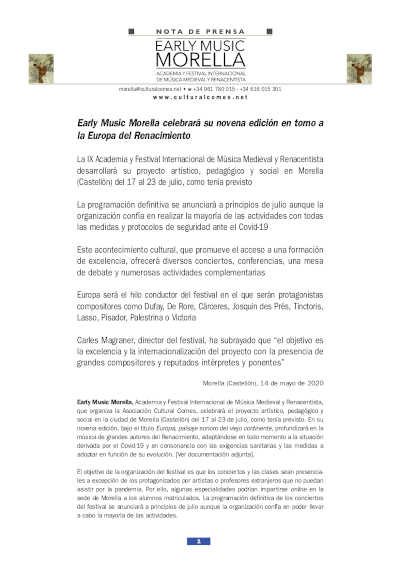 Early Music Morella, Academia y Festival Internacional de Música Medieval y Renacentista de Morella