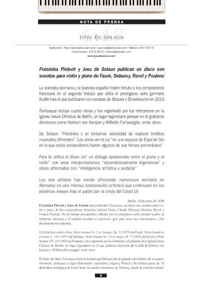 Franziska Pietsch y Josu de Solaun publican un disco con sonatas para violín y piano
