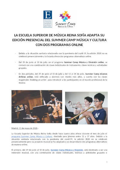 La Escuela Superior de Música Reina Sofía adapta el Summer Camp Música y Cultura