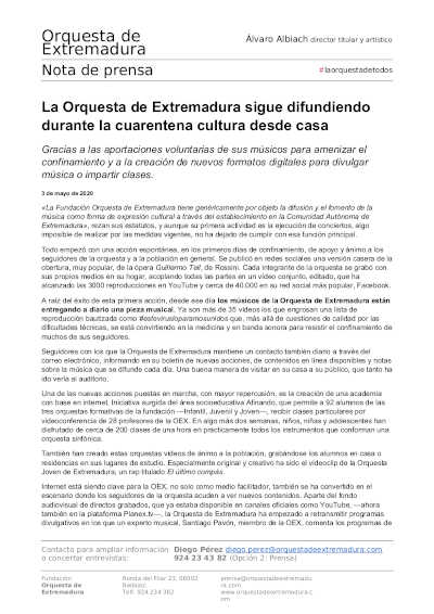 La Orquesta de Extremadura sigue difundiendo durante la cuarentena cultura desde casa La Orquesta de Extremadura sigue difundiendo durante la cuarentena cultura desde casa