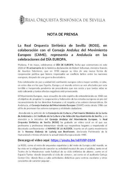 La Real Orquesta Sinfónica de Sevilla (ROSS), representa a Andalucía en las celebraciones del DÍA EUROPA