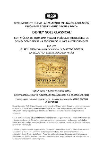 Decca Records y Disney Music Group’s Walt Disney Records presentan «Disney Goes Classical»