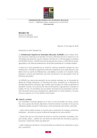 El Ministerio de Sanidad remite al de Cultura para contar con un protocolo para el sector musical