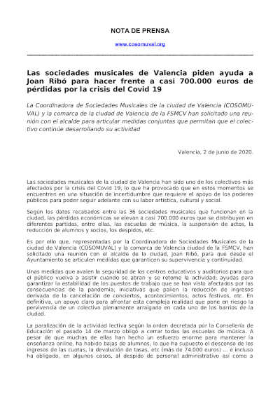 Las sociedades musicales de Valencia piden ayuda a Joan Ribó por 700.000€ en pérdidas