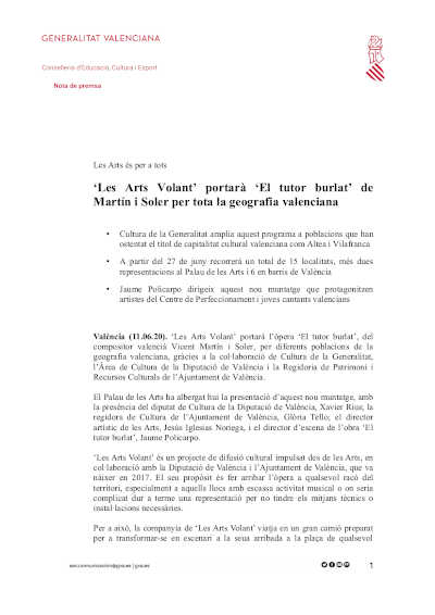 ‘Les Arts Volant’ llevará ‘El tutor burlat’ de Martín i Soler por toda la geografía valenciana