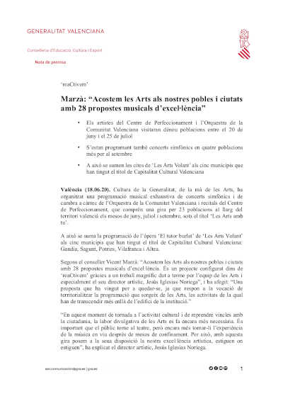 Marzà: “Acercamos Les Arts a nuestros pueblos y ciudades con 28 propuestas musicales de excelencia”