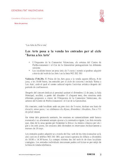 Les Arts pone a la venta las entradas para el ciclo ‘Torna a Les Arts’