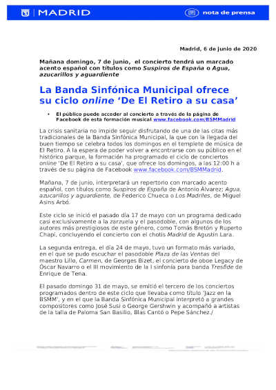 La Banda Sinfónica Municipal ofrece su ciclo online ‘De El Retiro a su casa’