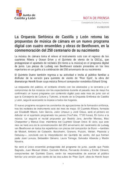 La Orquesta Sinfónica de Castilla y León retoma las propuestas de música de cámara en un nuevo programa digital La Orquesta Sinfónica de Castilla y León retoma las propuestas de música de cámara en un nuevo programa digital