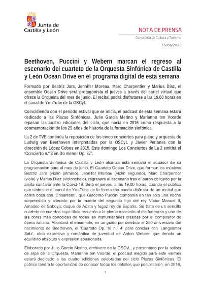 Beethoven, Puccini y Webern marcan el regreso al escenario del cuarteto de la Orquesta Sinfónica de Castilla y León Ocean Drive