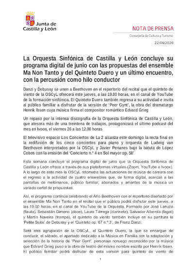 La Orquesta Sinfónica de Castilla y León concluye su programa digital de junio con ensemble Ma Non Tanto y Quinteto Duero