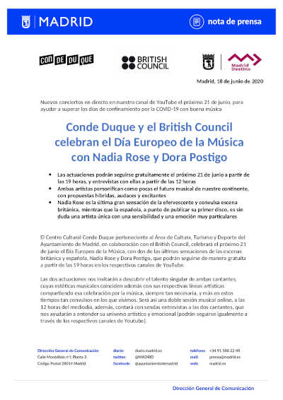 Conde Duque y el British Council celebran el Día Europeo de la Música con Nadia Rose y Dora Postigo
