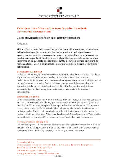 Vacaciones con música con los cursos de perfeccionamiento instrumental del Grupo Talía