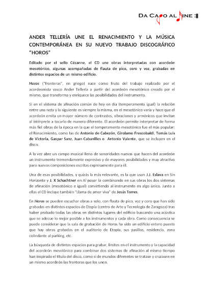 Ander Tellería une El Renacimiento y la música contemporánea en su nuevo CD «HOROS»