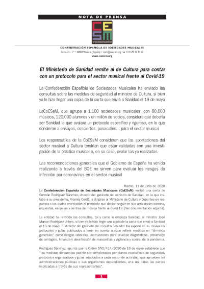 El Ministerio de Sanidad remite al de Cultura para contar con un protocolo para el sector musical