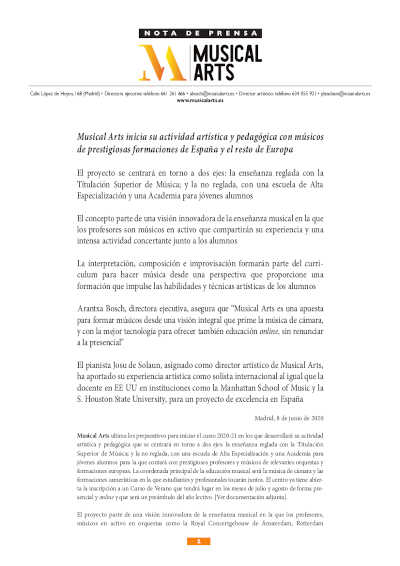 Musical Arts inicia su actividad artística y pedagógica con músicos de prestigiosas formaciones de España y el resto de Europa