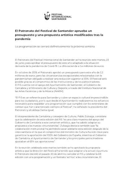 El Patronato del Festival aprueba un presupuesto y una propuesta artística modificados tras la pandemia