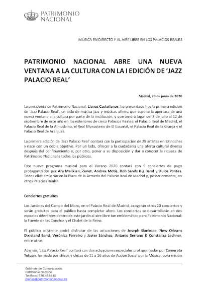 Patrimonio Nacional abre una nueva ventana a la cultura en la Primera Edición de «Jazz Palacio Real» Patrimonio Nacional abre una nueva ventana a la cultura en la Primera Edición de «Jazz Palacio Real»