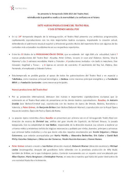 Se presenta la Temporada 2020-2021 del Teatro Real, reivindicando la vuelta a la normalidad y la confianza en el futuro