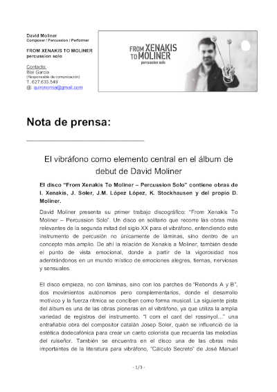 David Moliner presenta su álbum debut “From Xenakis To Moliner – Percussion Solo”