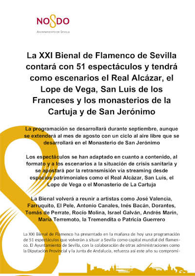 La XXI Bienal de Flamenco de Sevilla contará con 51 espectáculos y tendrá múltiples escenarios