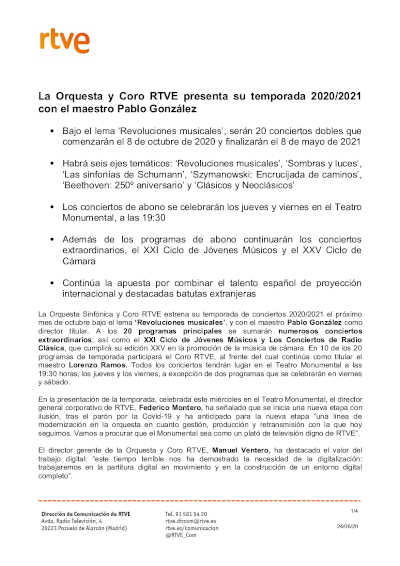 La Orquesta y Coro RTVE presenta su temporada 2020/2021 con el maestro Pablo González